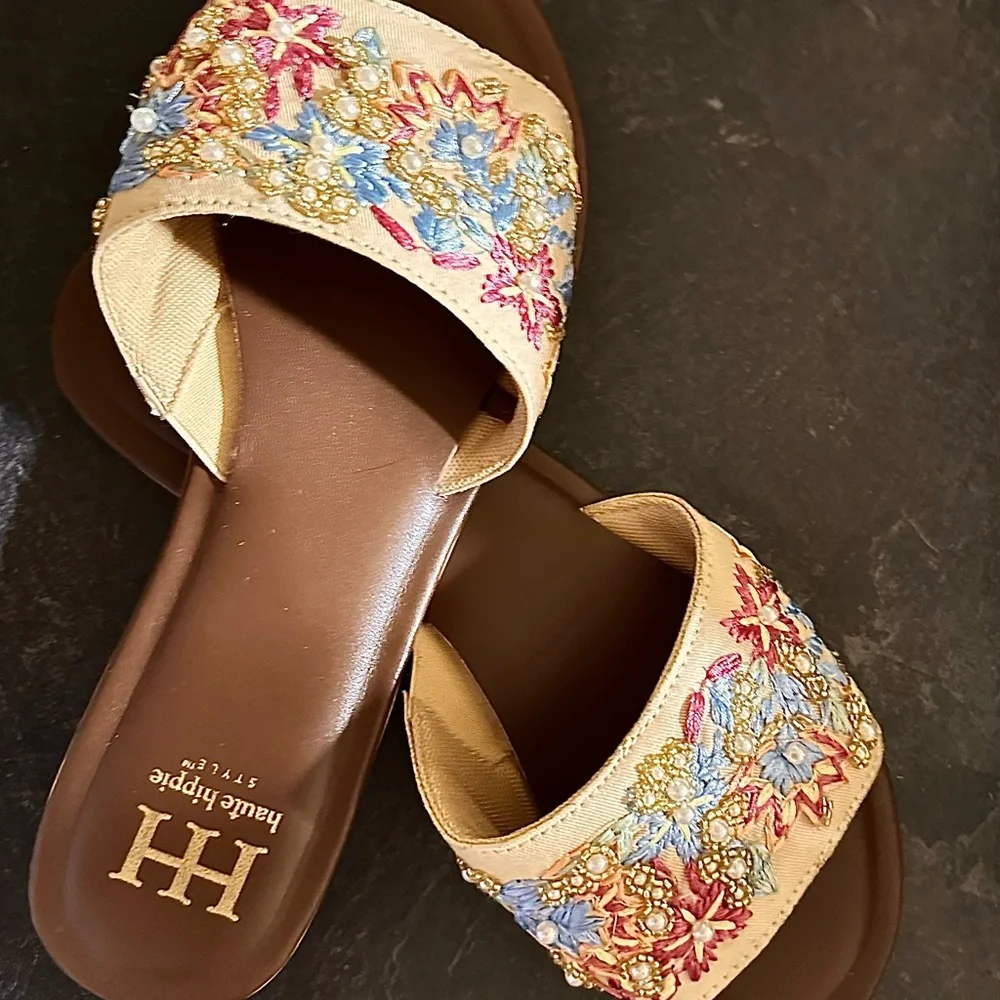 Haute Hippie Floral Embroidered Sandals - Blue and Pink on Beige - Picture 4 of 10